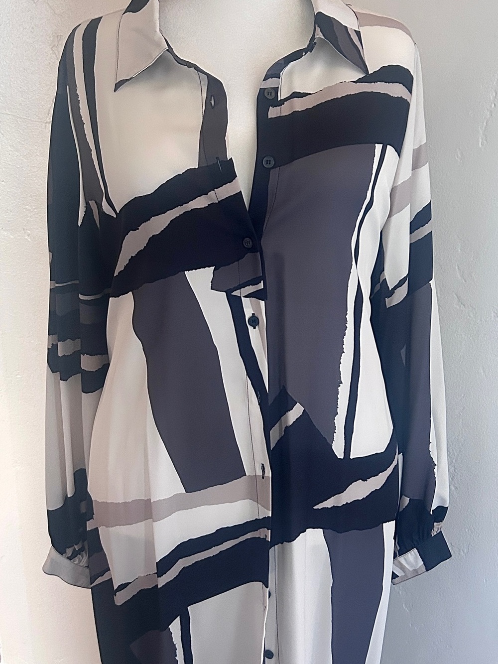 Buxom Curvy Abstract Print Button Front Shirt Dress Black Gray Cream Size 2X